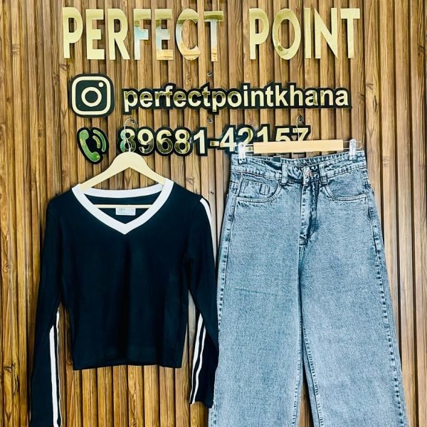 Full Sleeve V-Neck Top with Jeans – Korean Style
